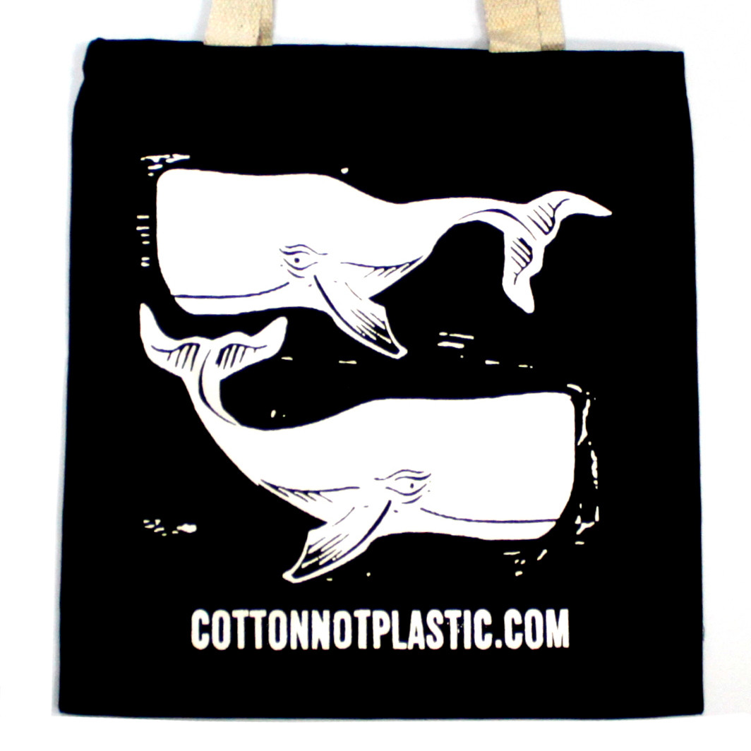 Black Cotton Bag 38 x 42cm - WHALES - WHITE