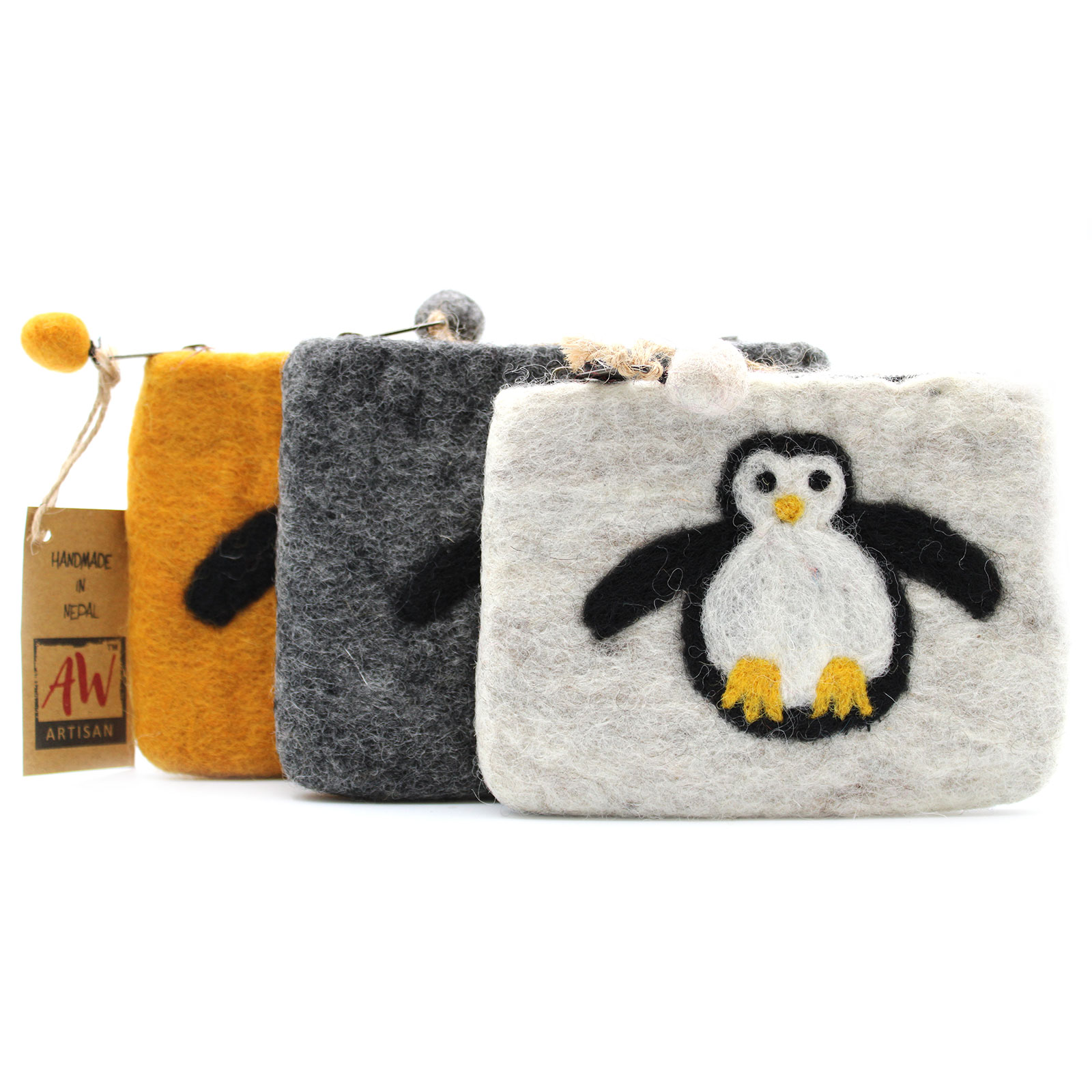 Natural Felt Zipper Pouch (asst) - Cute Penguin