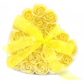 24 Soap Flowers in Heart Shaped Box - Yellow Roses - Click Image to Close