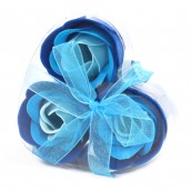 3 Soap Flowers in Heart Shaped Box - Blue Wedding Roses