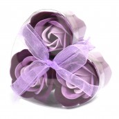 3 Soap Flowers in Heart Shaped Box - Lavender Roses - Click Image to Close
