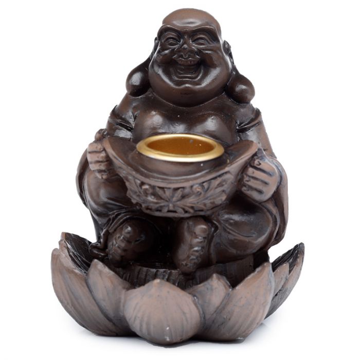 Backflow Incense Burner - Wood Effect Lucky Buddha - Click Image to Close