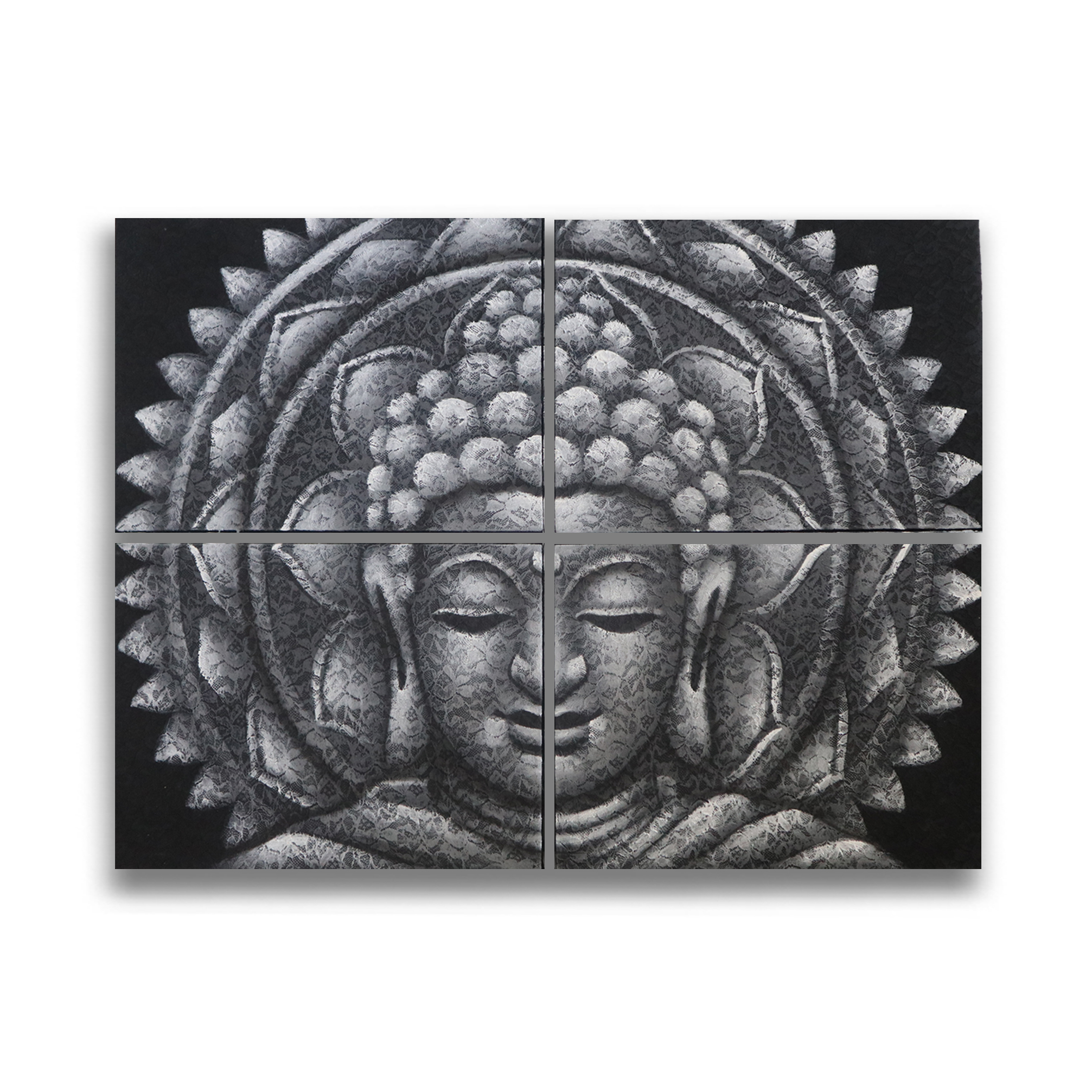 Set of 4 Grey Buddha Mandala Brocade Detail 30x40cm - Click Image to Close
