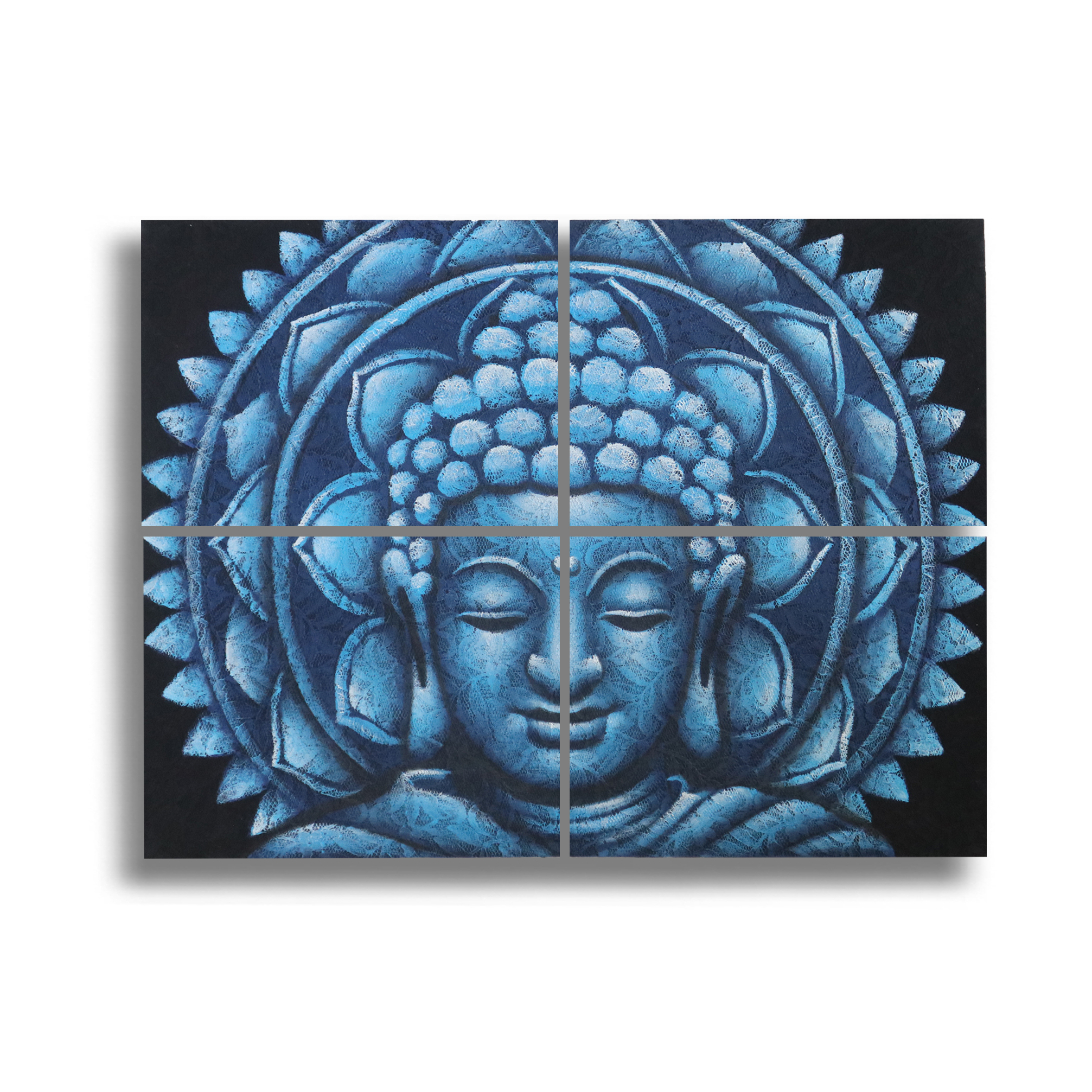 Set of 4 Blue Buddha Mandala Brocade Detail 30x40cm - Click Image to Close