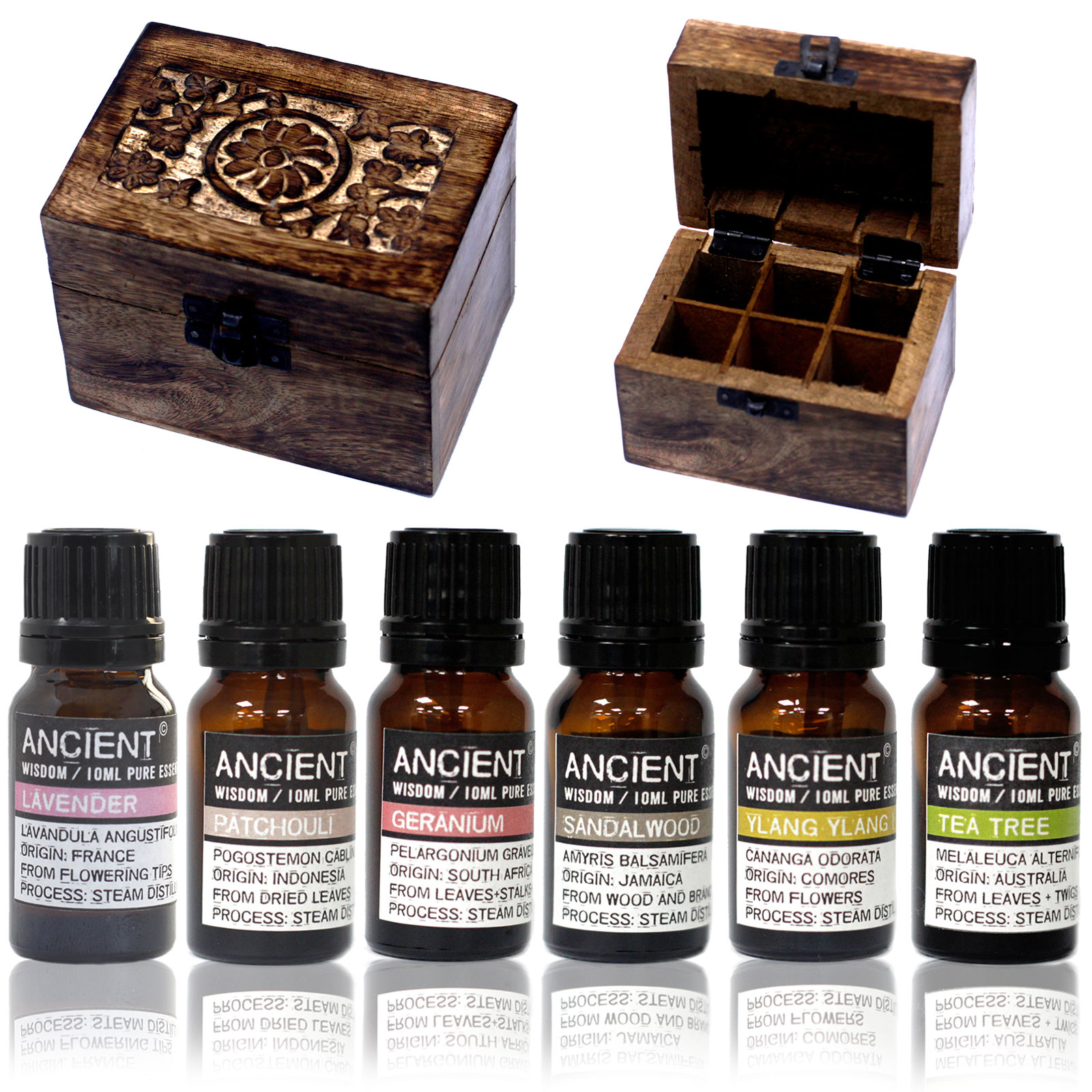 Aromatherapy Set - 6 x 10ml Essential Oils and Carved Box - Click Image to Close