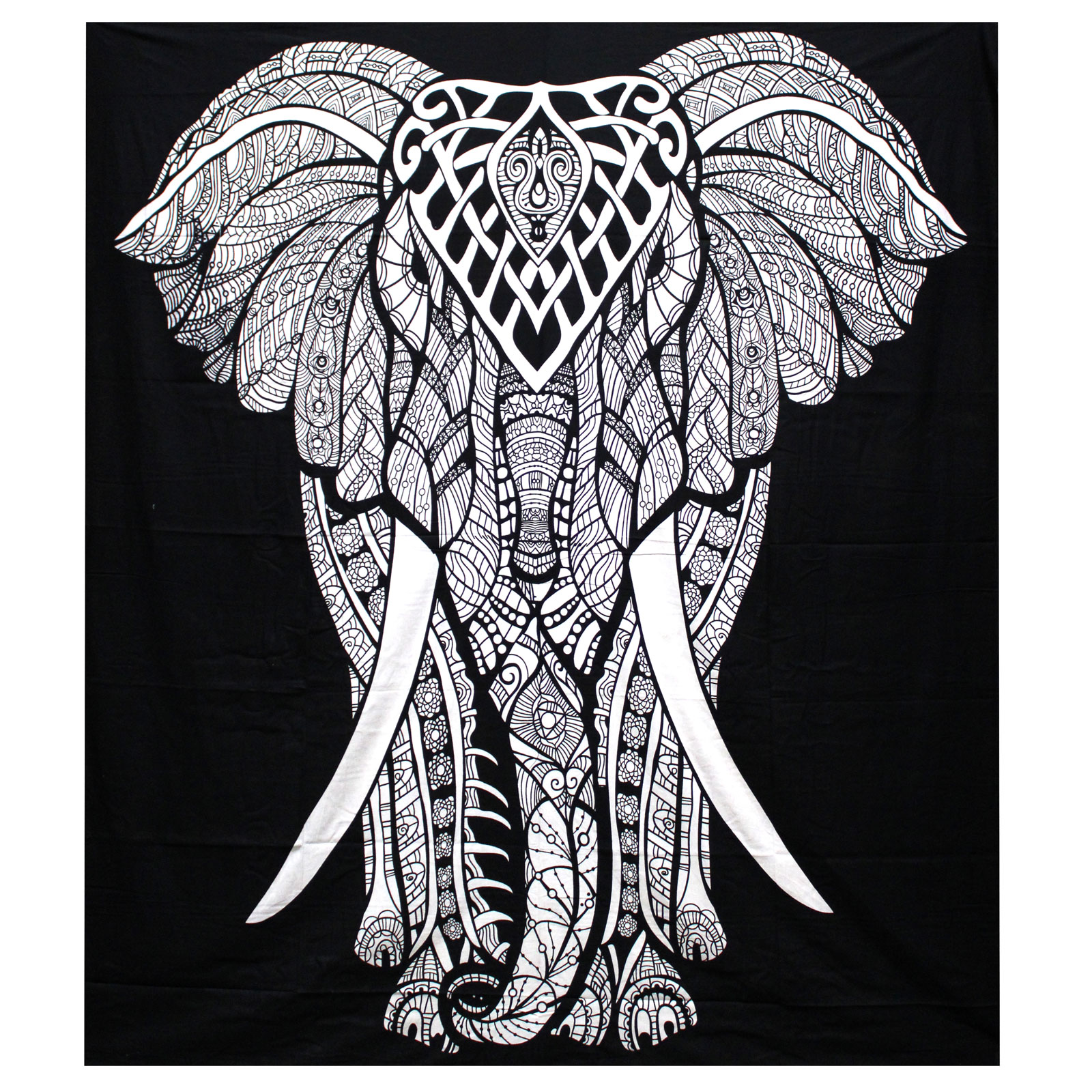 B&W Double Cotton Bedspread Wall Hanging - Elephant - Click Image to Close