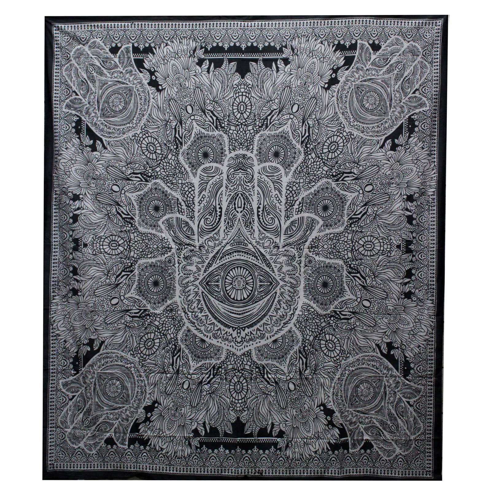 B&W Double Cotton Bedspread Wall Hanging - Hamsa - Click Image to Close