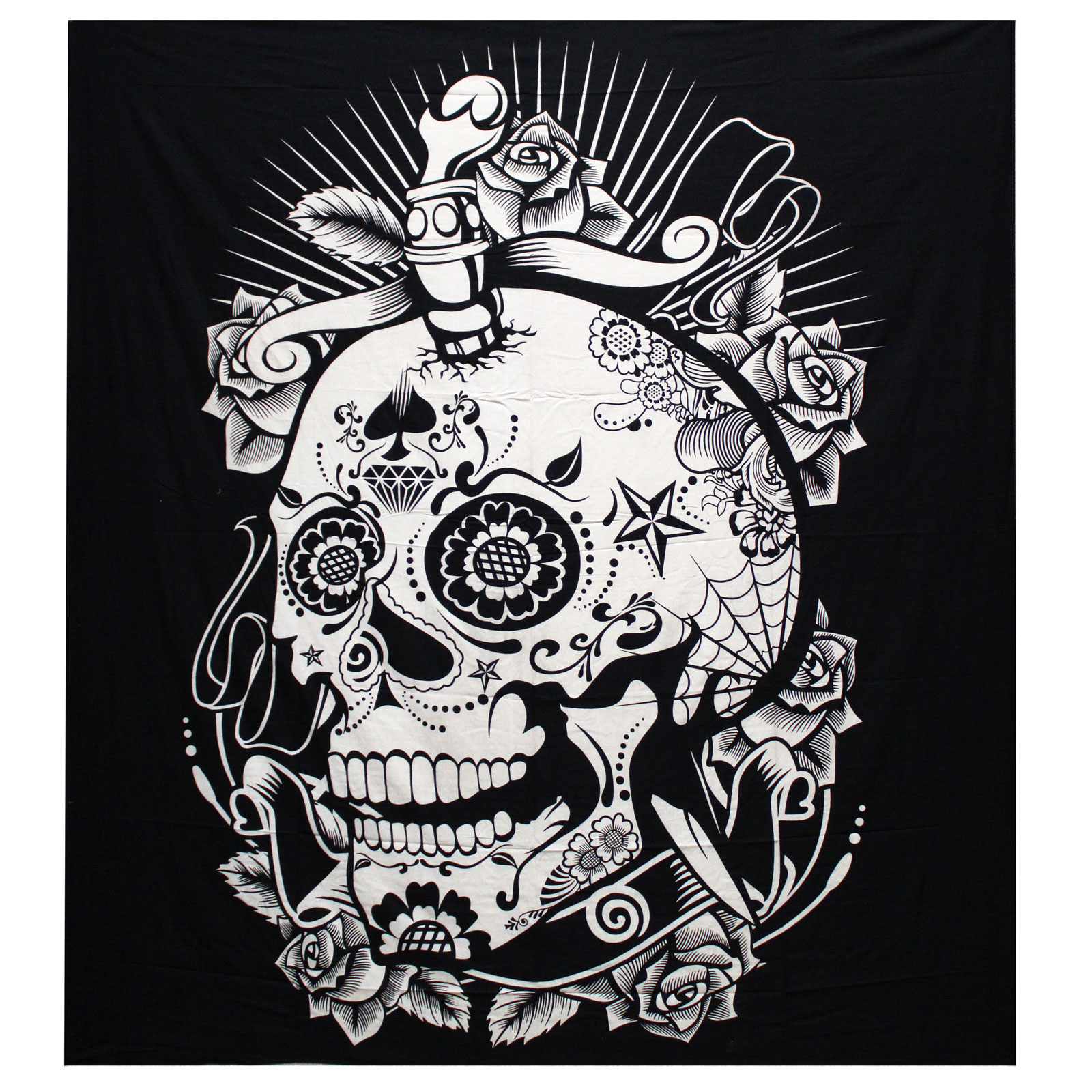 B&W Double Cotton Bedspread Wall Hanging - Rose Skull
