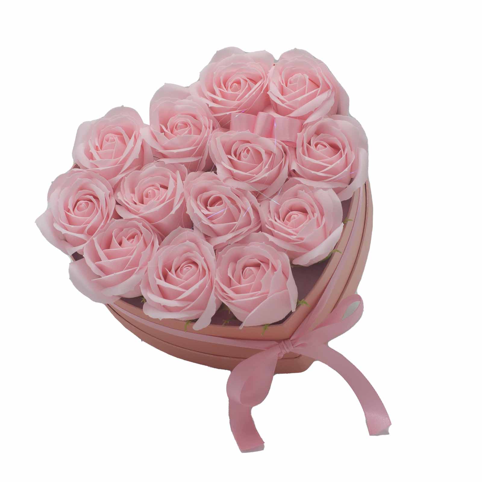 Soap Flower Gift Bouquet - 13 Pink Roses - Heart - Click Image to Close