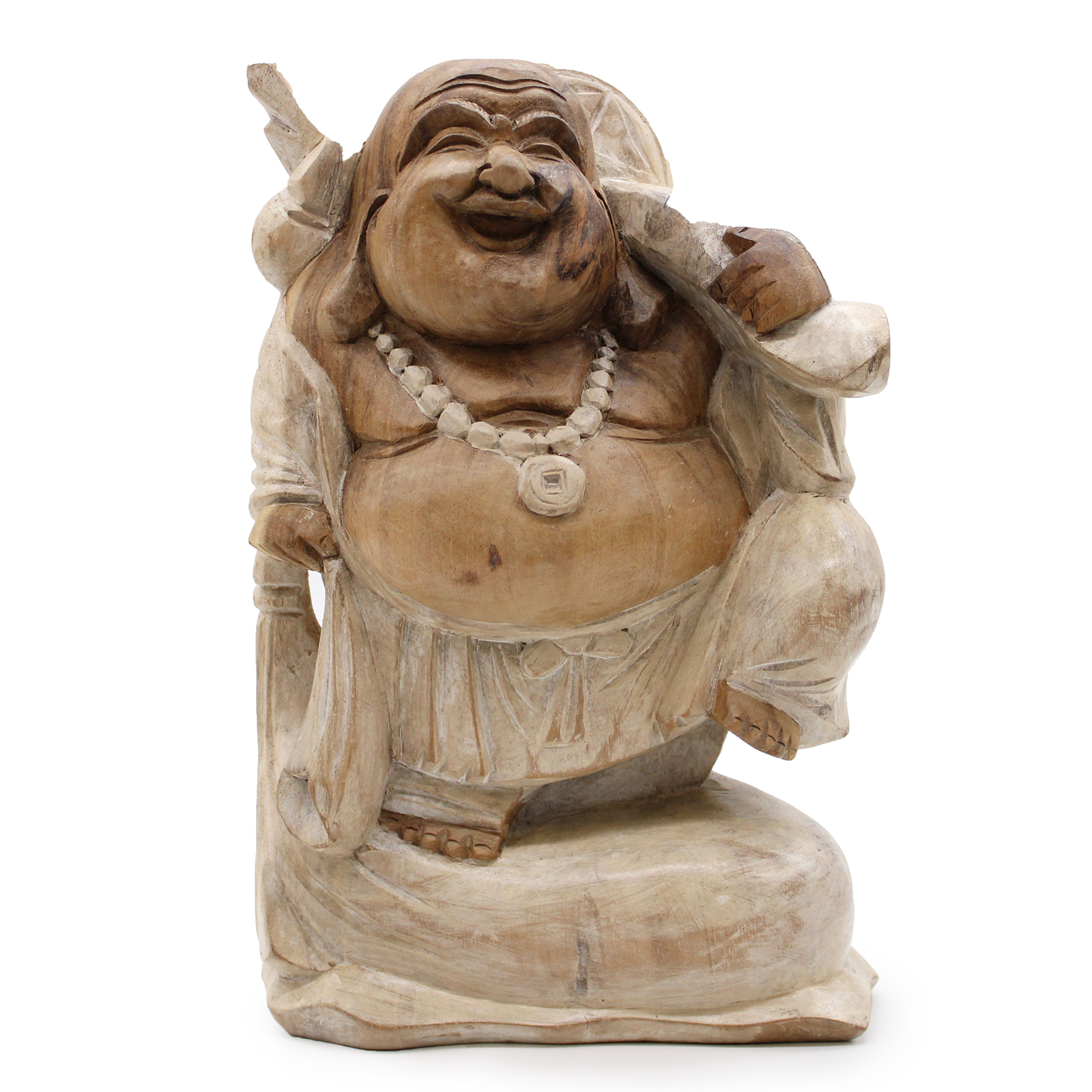 Happy Buddha Bring Wood - Whitewash 30cm - Click Image to Close