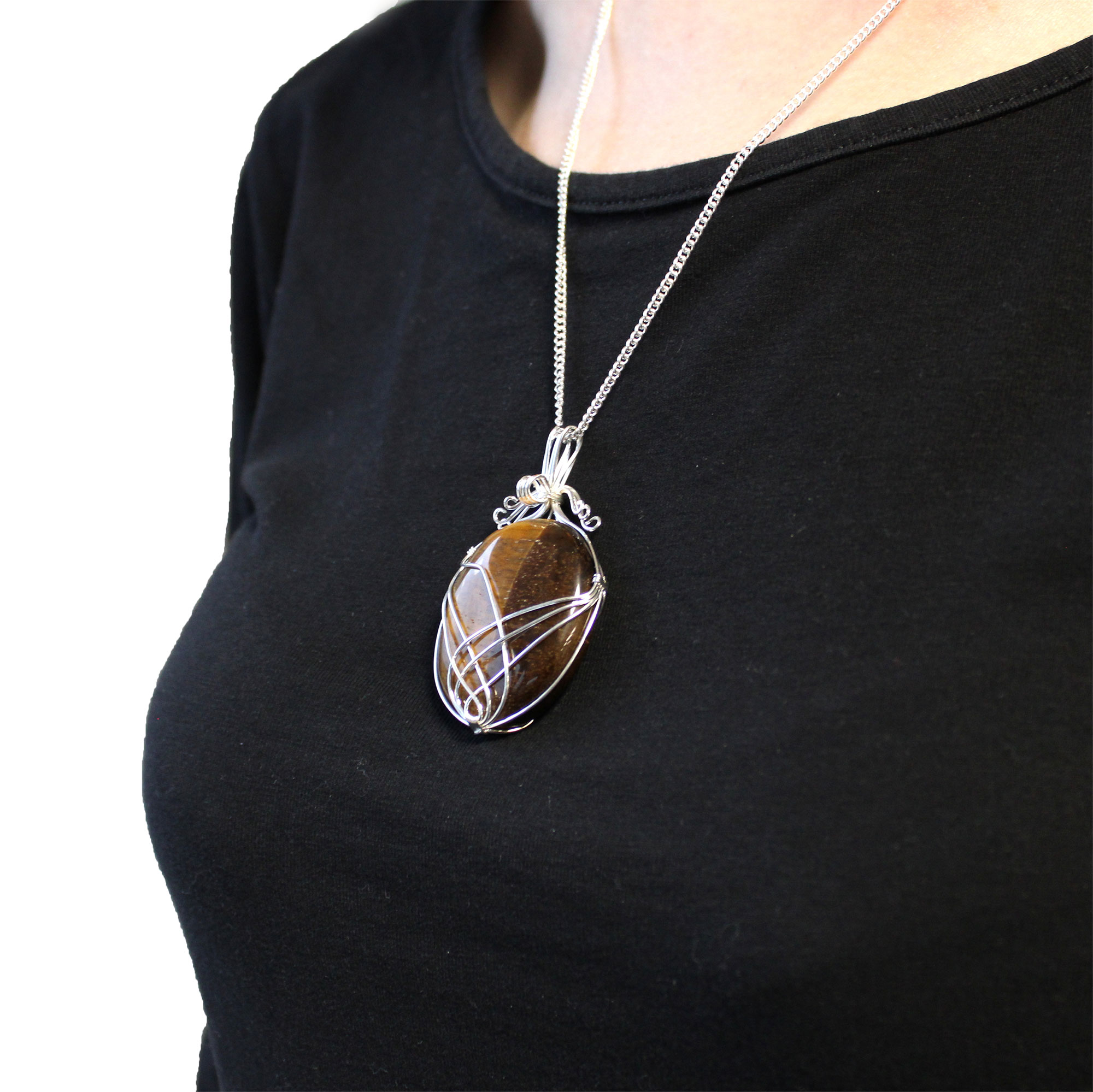 Swirl Wrapped Gemstone Necklace - Tiger Eye - Click Image to Close