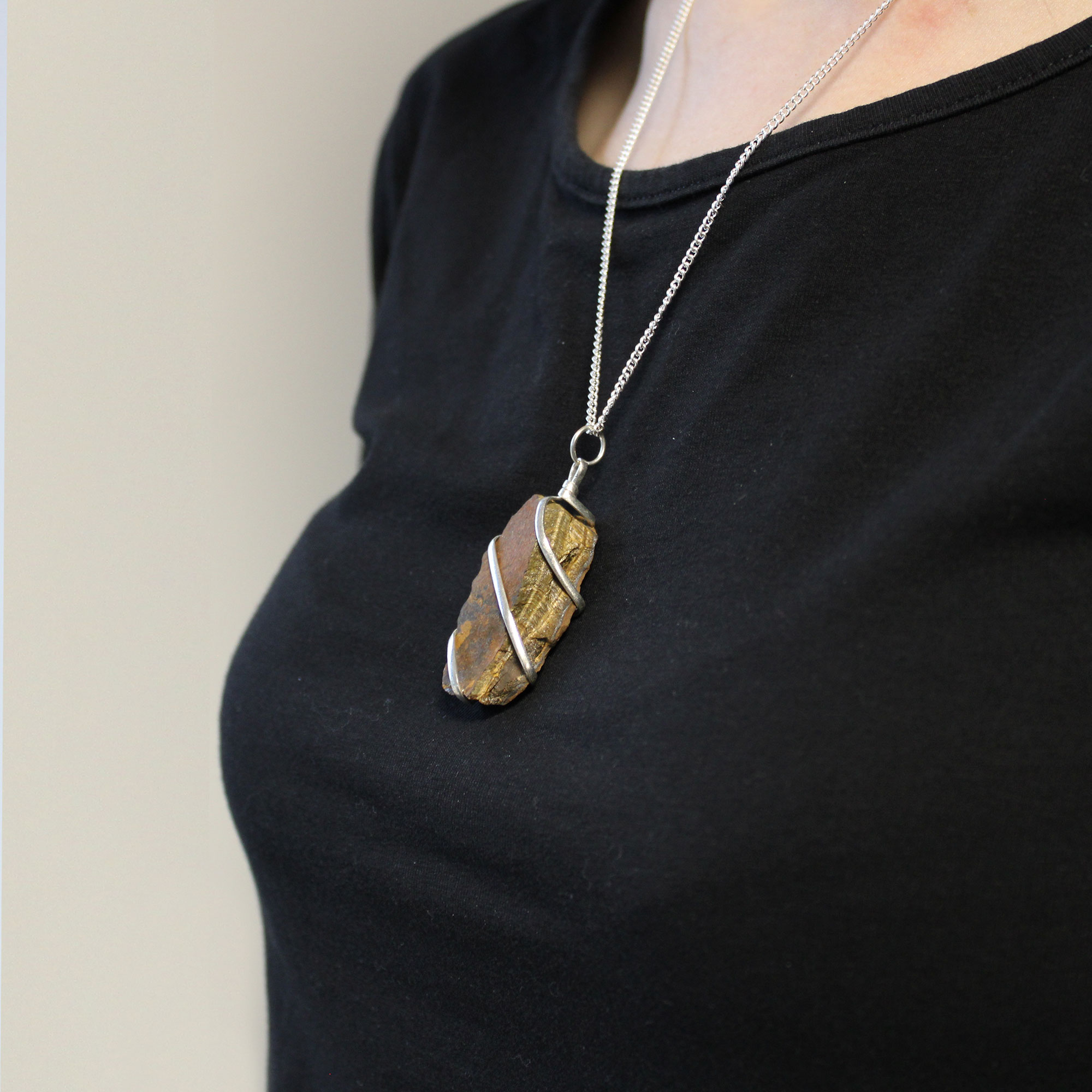 Cascade Wrapped Gemstone Necklace - Rough Tiger Eye - Click Image to Close