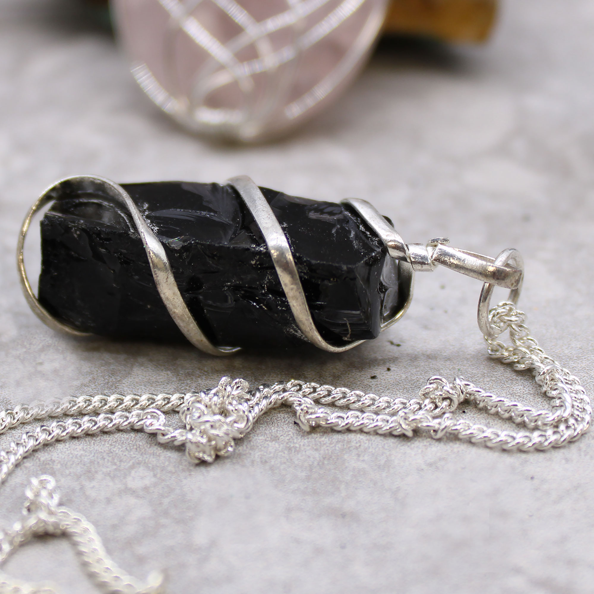 Cascade Wrapped Gemstone Necklace - Rough Black Onyx - Click Image to Close