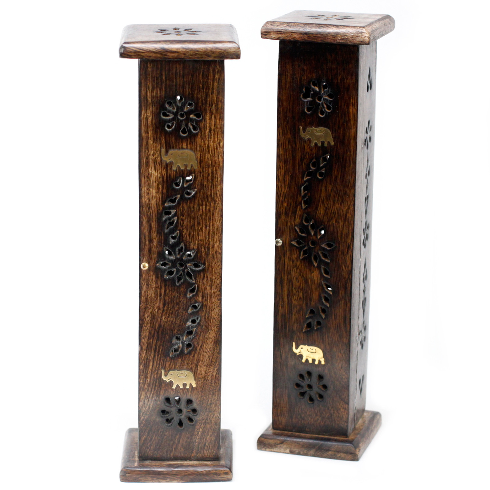 Square Incense Tower - Brass inlay - Mango Wood - Click Image to Close