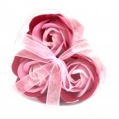 3 Soap Flowers in Heart Shaped Box - Pink Roses