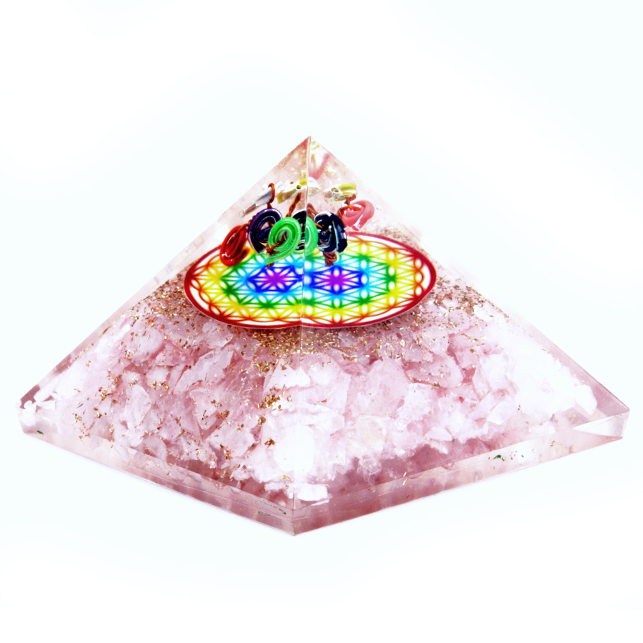 Orgonite Pyramid - Rose Quartz Rainbow Flower of Life - Click Image to Close