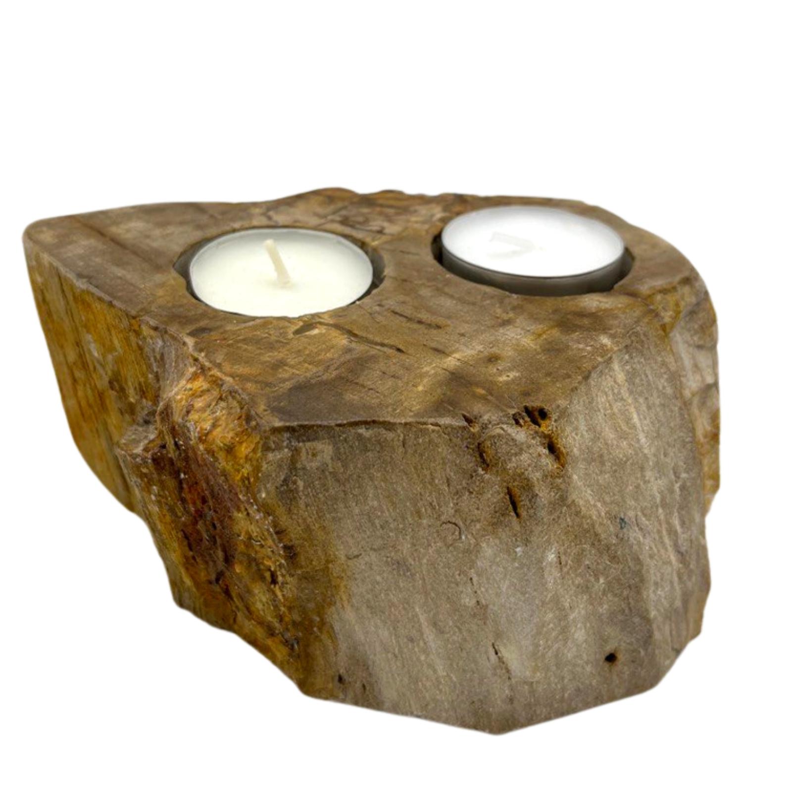Petrified Wood Candle Holder - Double - Click Image to Close