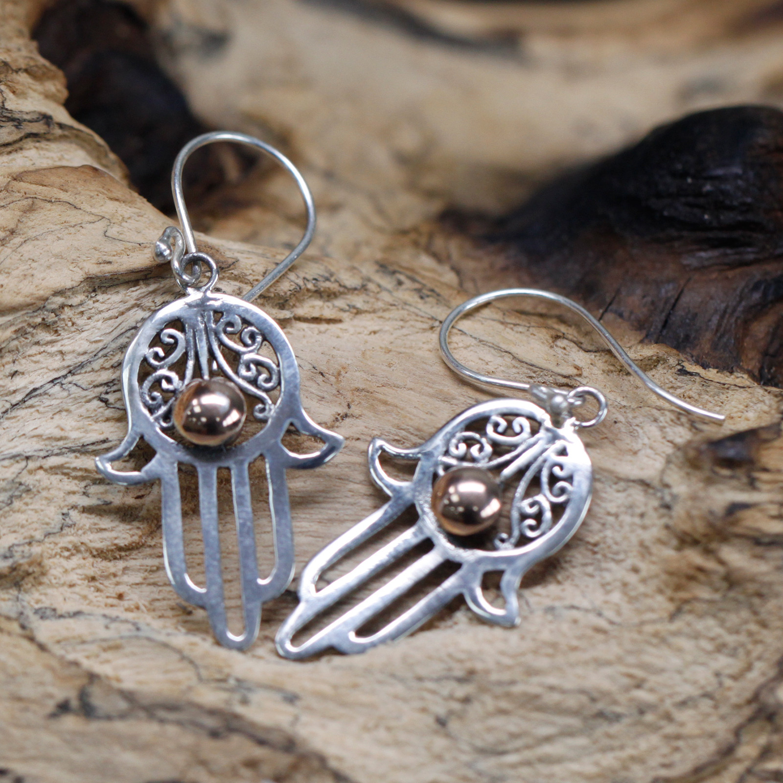 Silver & Gold Earrings - Hamsa - Click Image to Close