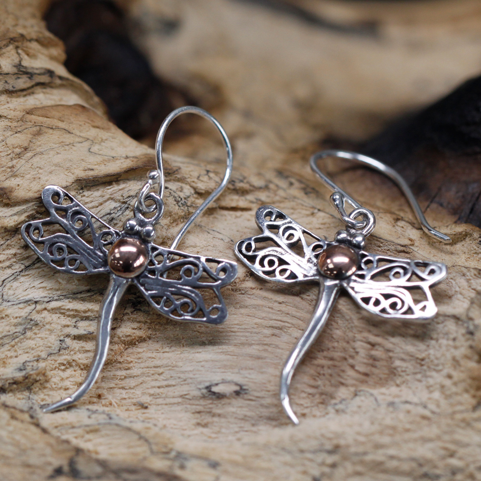 Silver & Gold Earrings - Dragonflies - Click Image to Close
