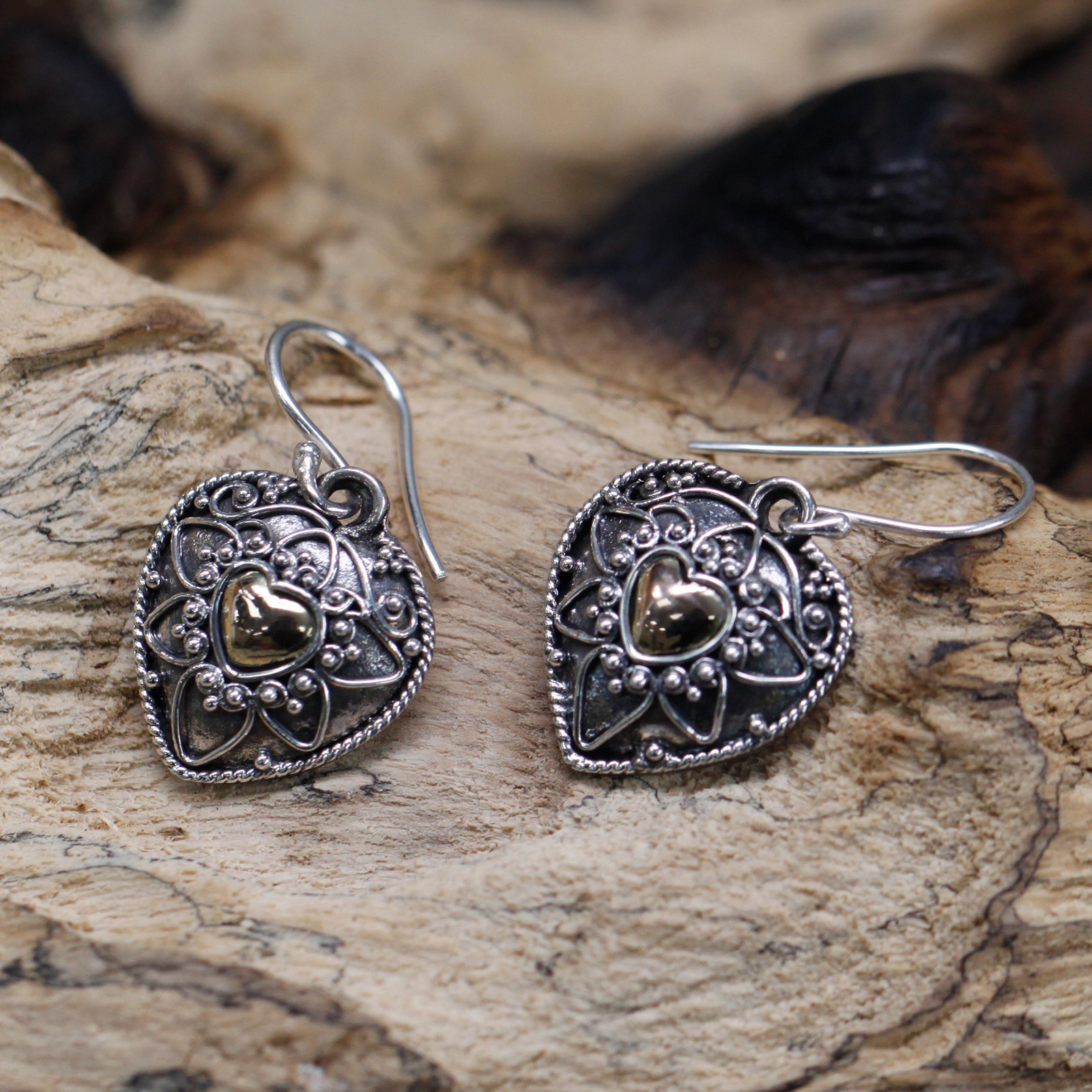 Silver & Gold Earrings - Mandala Hearts - Click Image to Close