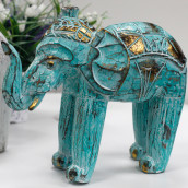 Carved Wooden Elephant - Turquoise Gold - Click Image to Close