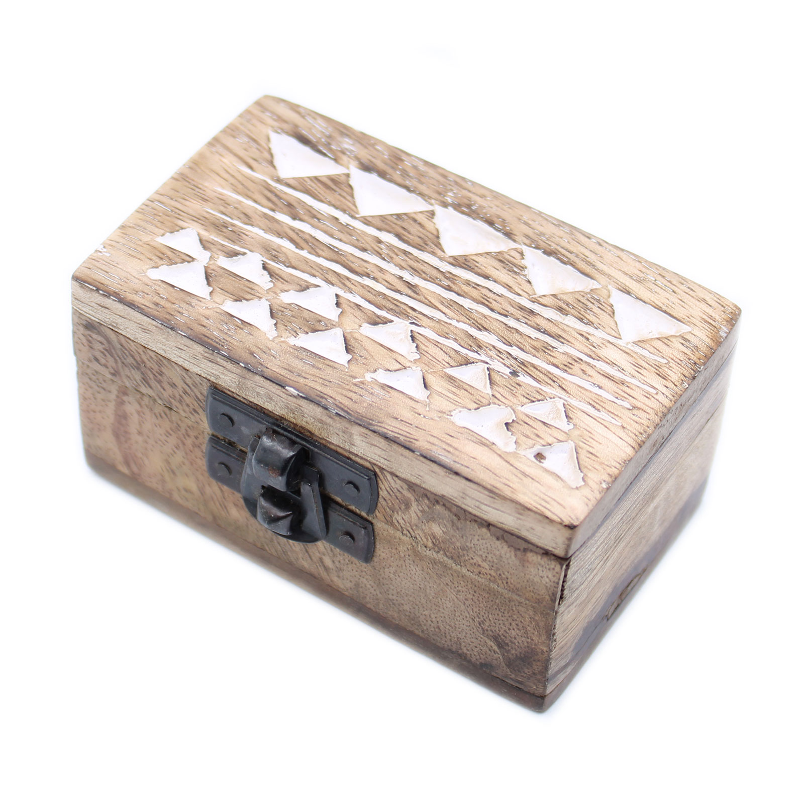 White Washed Wooden Box - Pill Box Aztec Design - Click Image to Close