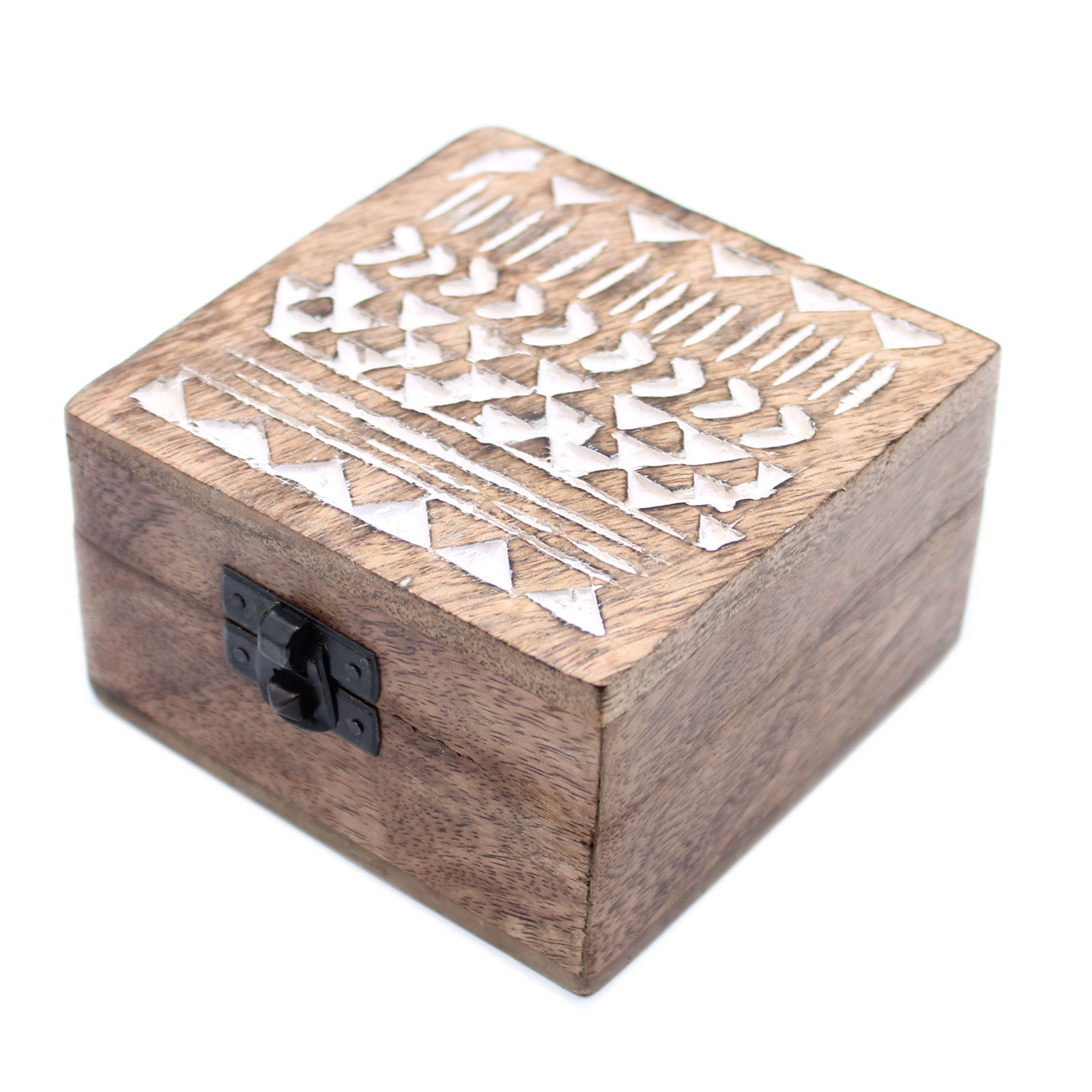 White Washed Wooden Box - 4 x 4 Aztec Design - Click Image to Close