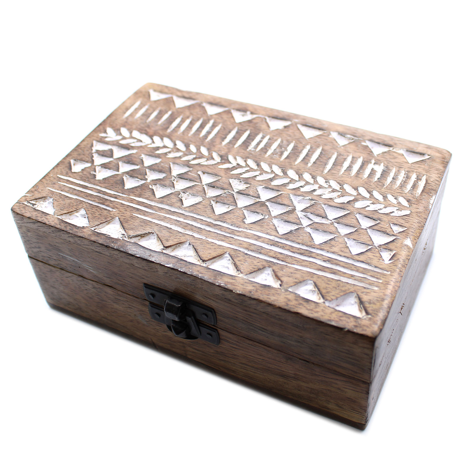 White Washed Wooden Box - 6 x 4 Aztec Design - Click Image to Close